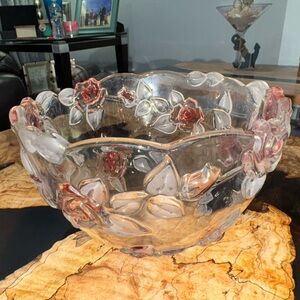 Mikasa Bella Rosa Bowl 9" Hostess Red Crystal Glass Embossed Roses Germany